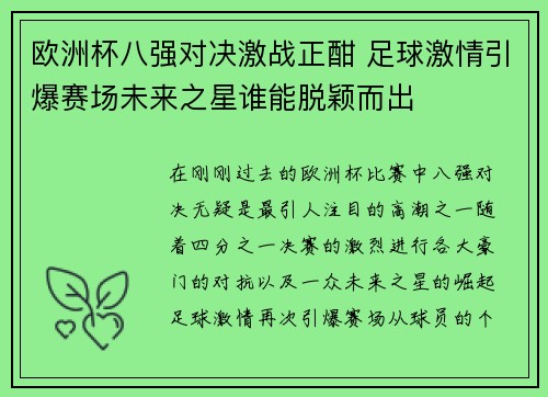 欧洲杯八强对决激战正酣 足球激情引爆赛场未来之星谁能脱颖而出