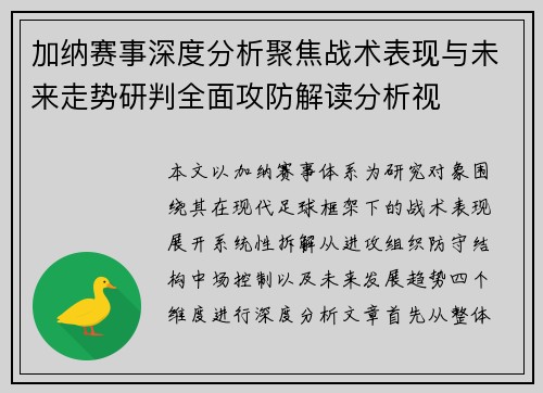 加纳赛事深度分析聚焦战术表现与未来走势研判全面攻防解读分析视